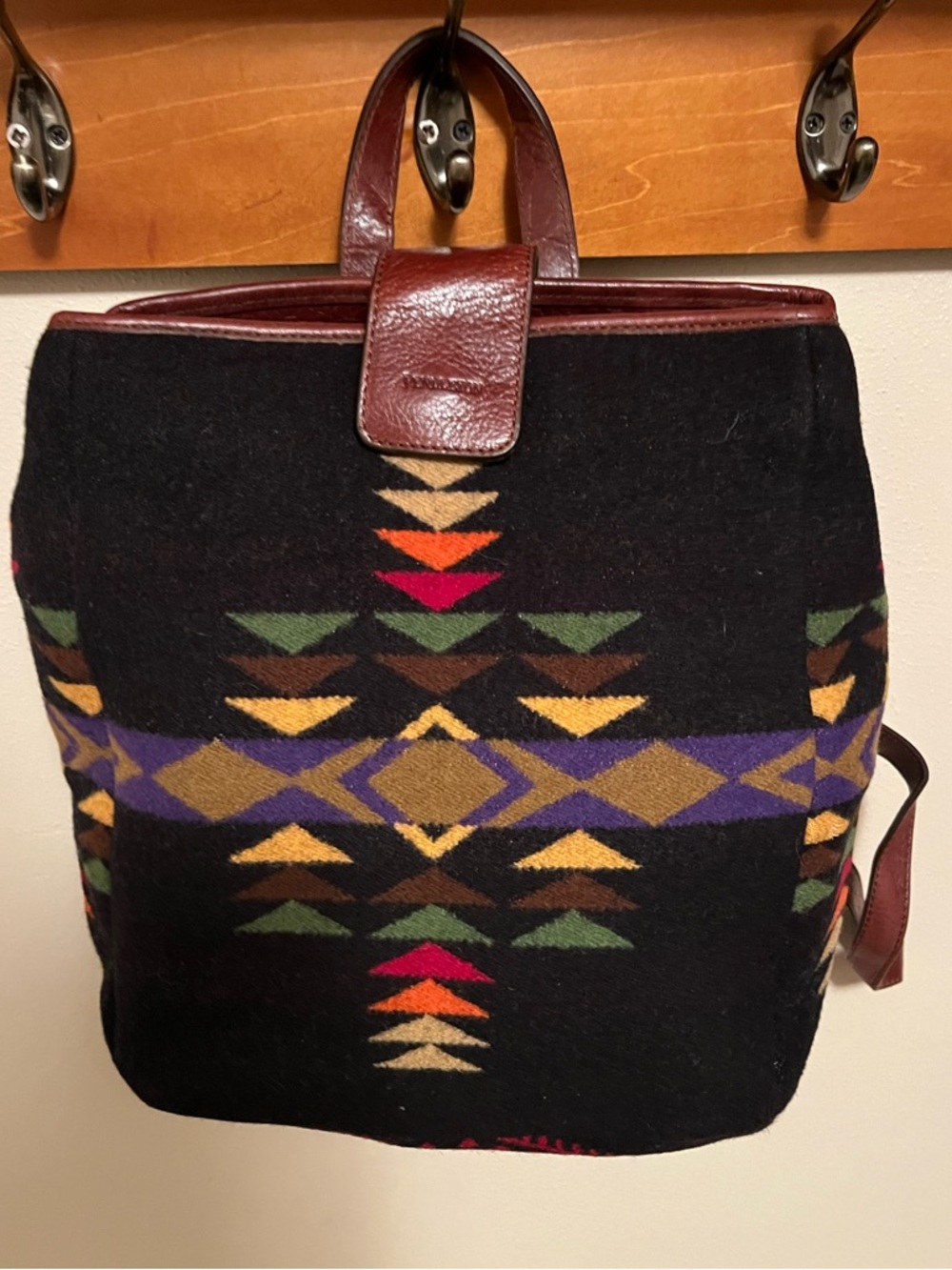 Vintage Pendleton Aztec Southwestern Wool Backpack with Brown Leather Trim - Picture 2 of 8